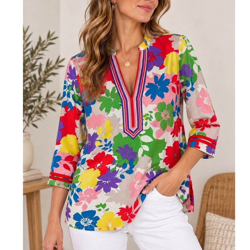 Boden Vibrant Floral 100% Cotton Tunic Top Size 6 Beach Resortwear Boho Blouse